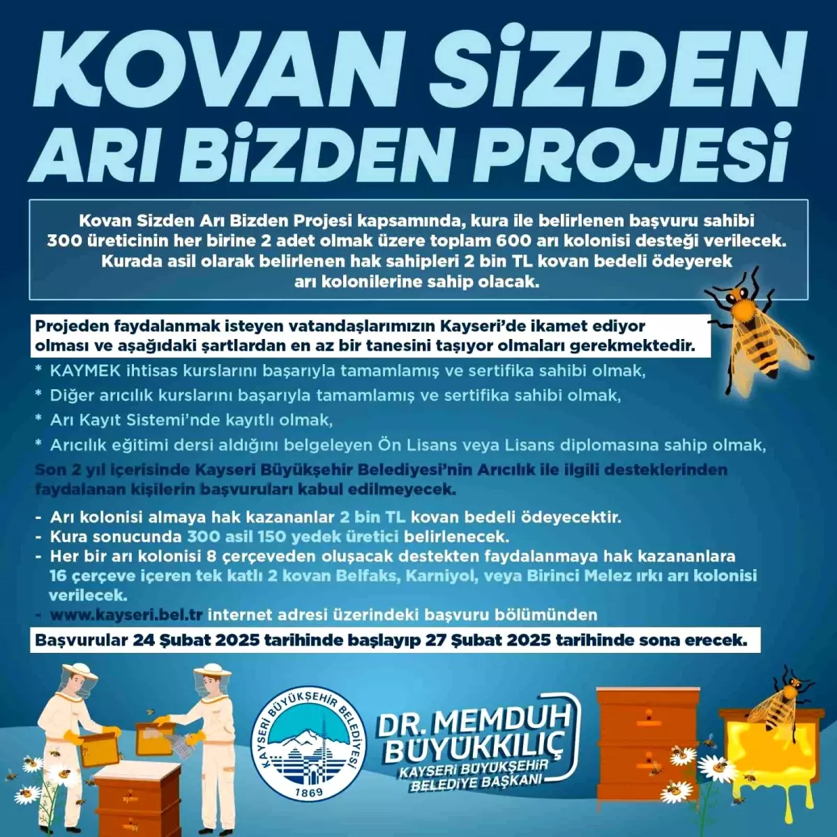 Kayseri Büyükşehir Belediyesi, arıcılara destek sağlamak amacıyla 'Kovan Sizden Arı Bizden Projesi'ni hayata geçiriyor. Başvurular 24 Şubat 2025'te başlayacak.