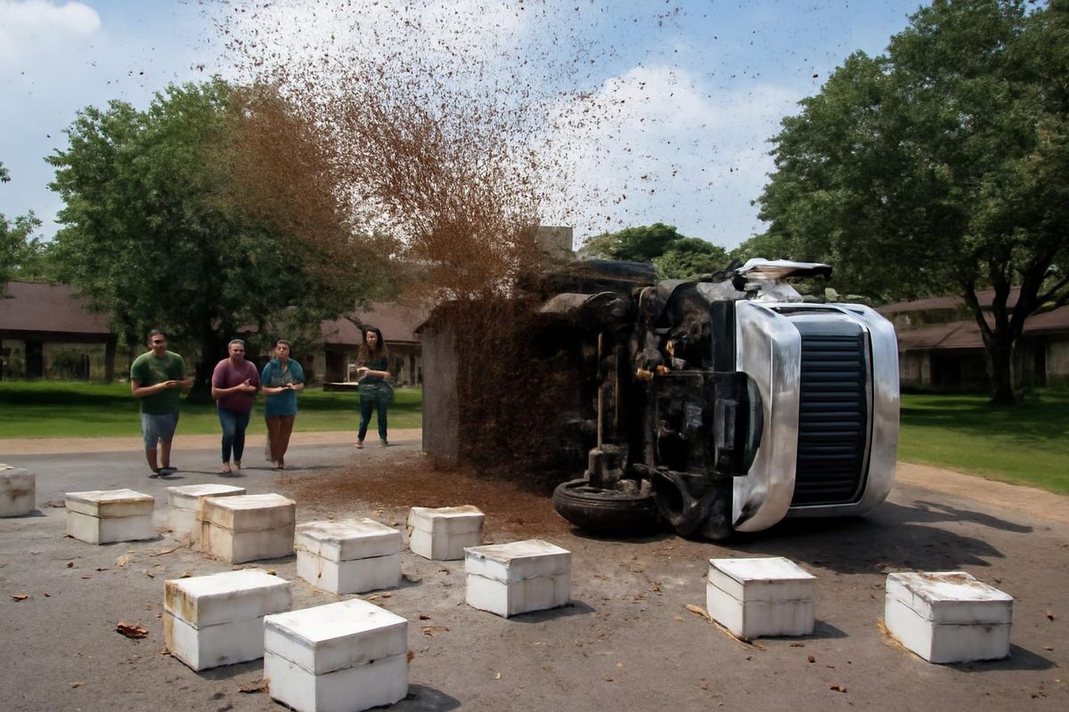 Nach dem Umkippen eines Sattelzugs mit Bienenstöcken in einem ländlichen Viertel von Texas…