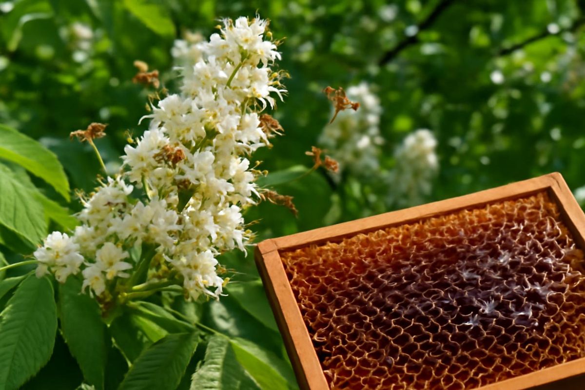 Chestnut honey is produced by bees from the nectar of chestnut tree flowers, with over 30 species existing, including European, Chinese, Japanese, and common ch