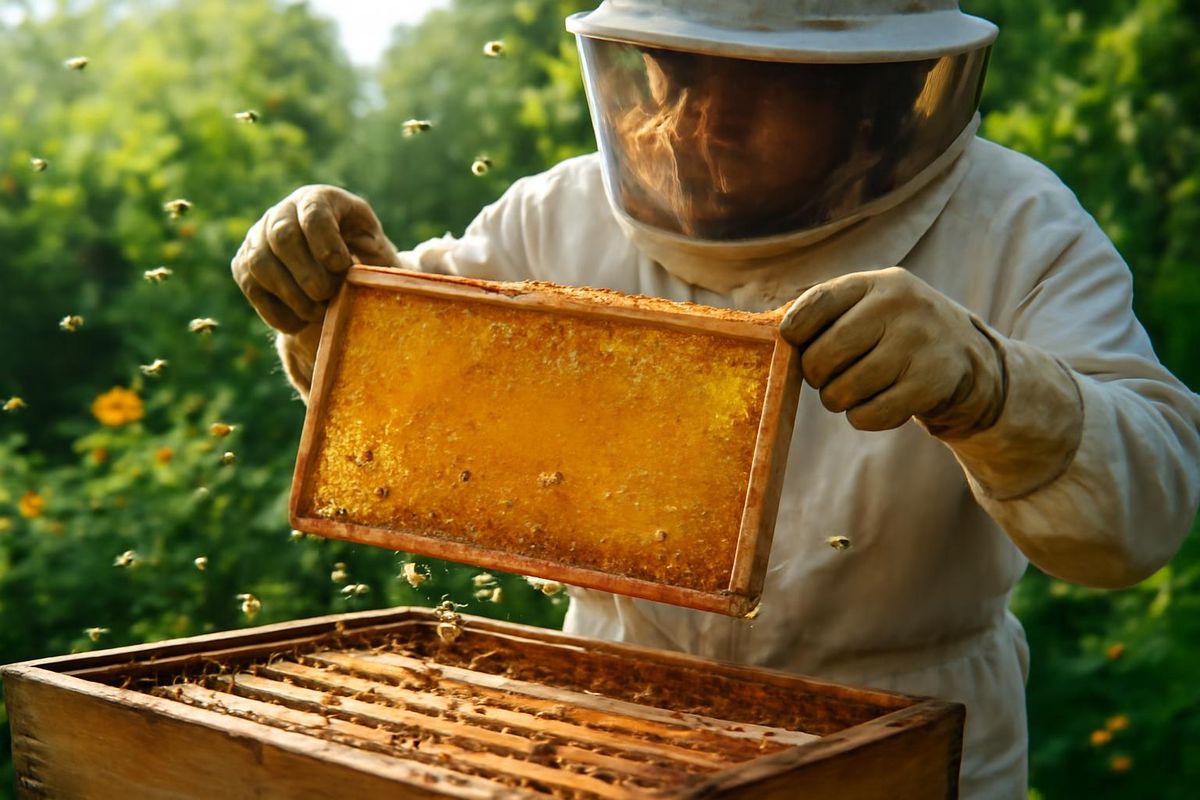 The timing of honey harvesting is determined by the capping of honeycomb, moisture content, and extraction techniques. A widely accepted guideline is that at le