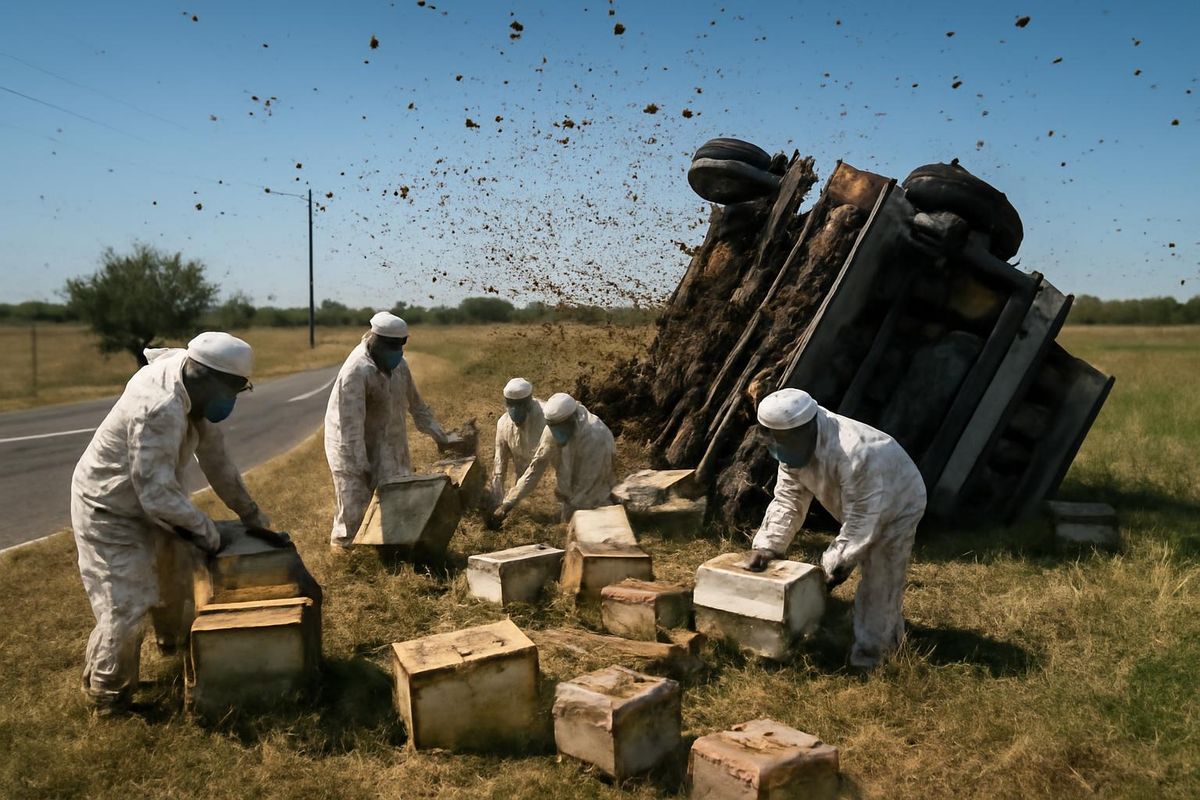 Authorities in Texas addressed a traffic incident involving a truck that overturned while transporting several beehives, resulting in the release of millions of