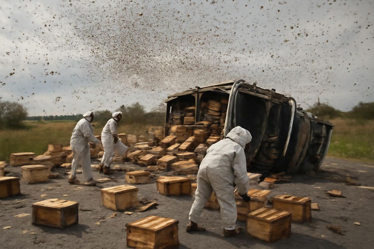 Truck accident releases millions of bees from 400 hives.
