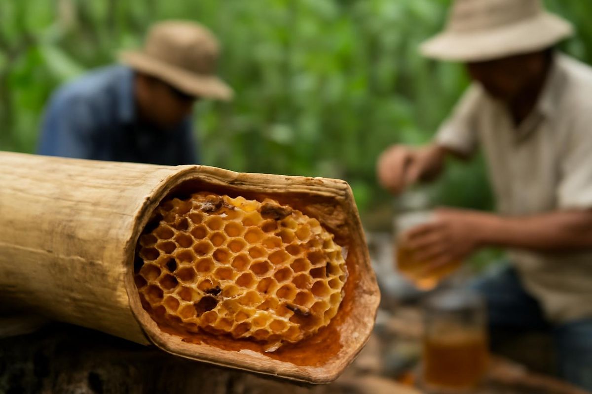 In Ca Mau, stingless bees build their nests in bamboo tubes, which are opened to extract honey sold for 2 million VND per liter. Families in Tran Van Thoi commu