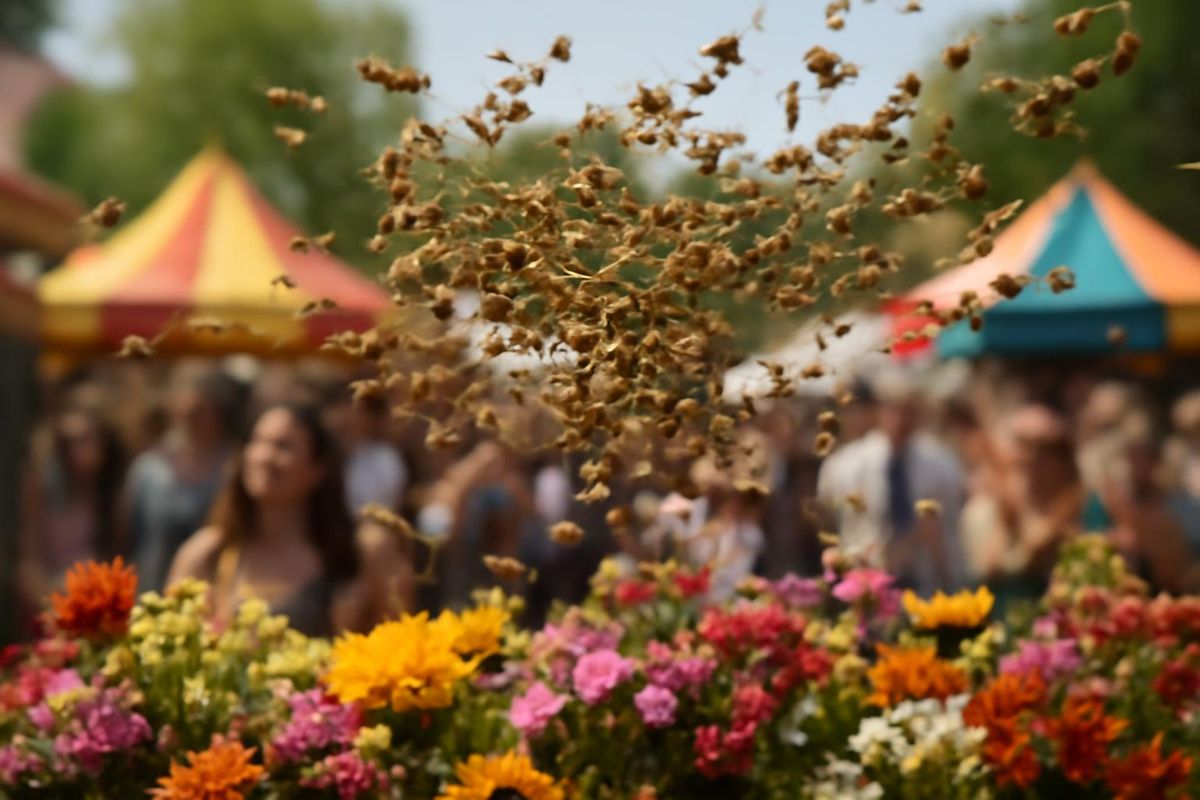 A swarm of bees caused a stir at the Guilfest festival in Stoke Park, Guildford, as they gathered on an umbrella. Off-duty beekeepers relocated the swarm to a n