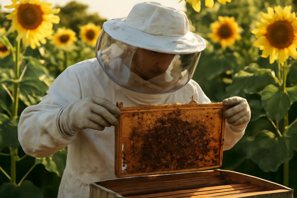 A man in a bee suit is seen working in a sunflower field near a hive, collecting honey from frames. PACHUCA DE SOTO, JULY 7 /NEWS HIDALGO/.- Recognizing the vit