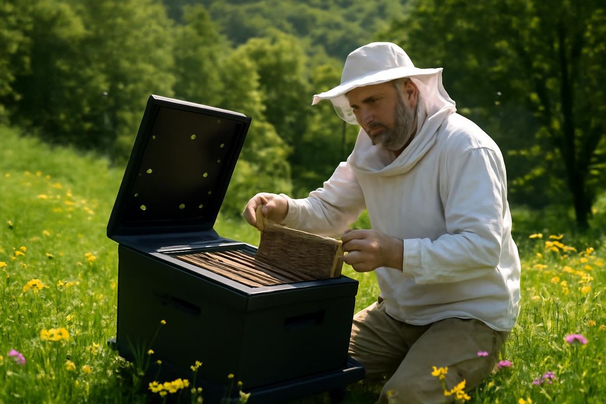 Mehmet Mataracı, ein Imker aus Hemşin in Rize, testet ein neues Modell von Bienenstöcken, das…