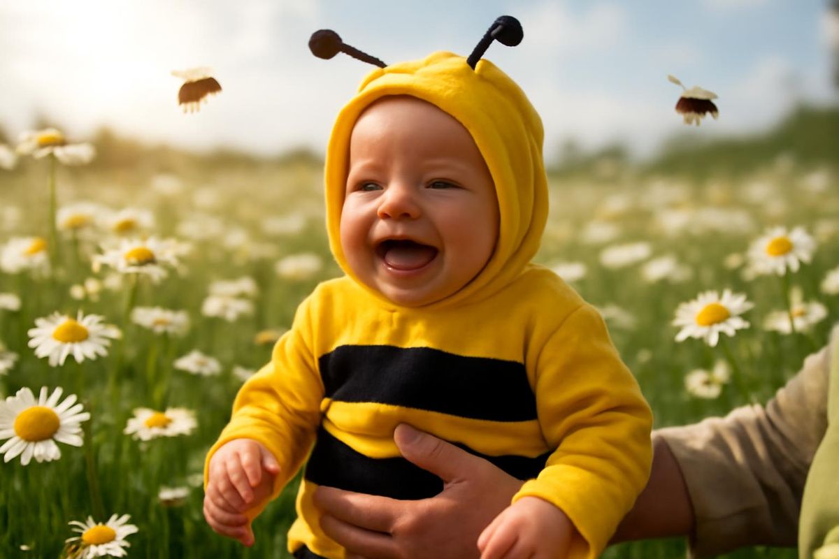 Ein Video eines kleinen Babys in einem Bienenkostüm, das in einem Margeritenfeld gefilmt…