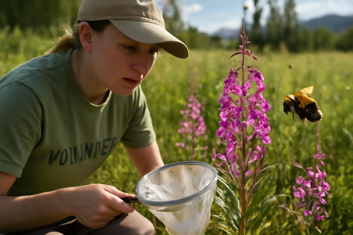 Sur une chaude après-midi de juillet près de Fairbanks, un bénévole de l'Alaska Bee Atlas…