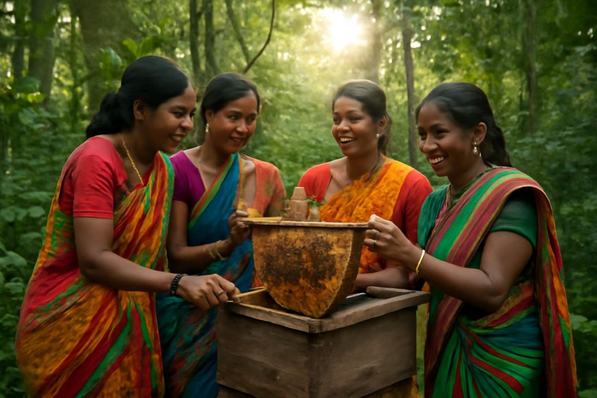 Eine Imkerei-Initiative ermöglicht Frauen in den Westghats Indiens, einem…