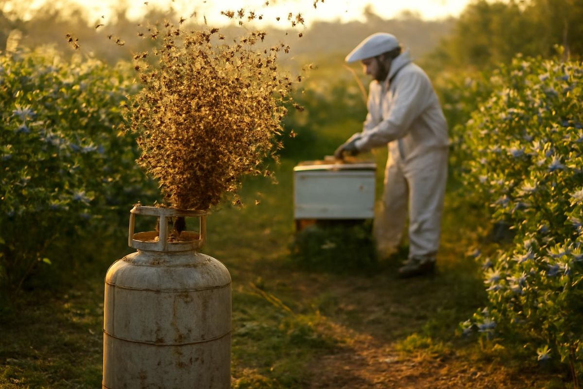 Beekeepers save honeybee swarm from old propane cylinder on blueberry farm.