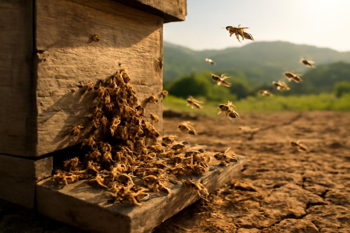 Honigbienen versammeln sich am Eingang eines Bienenstocks, um die Temperatur der Kolonie…