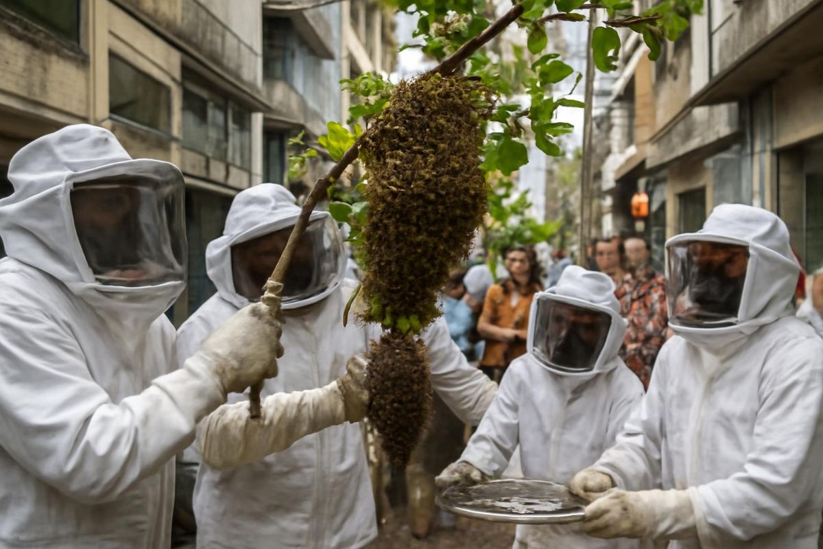 Ein Schwarm afrikanischer Bienen, der sich in der Nacht zuvor im Jirón Ulises Reátegui im…
