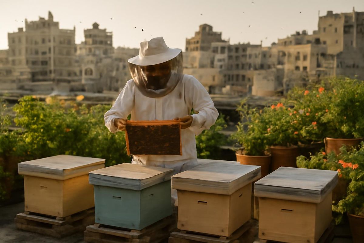 On August 7, 2026, videos from Gaza highlight rooftop beekeeping