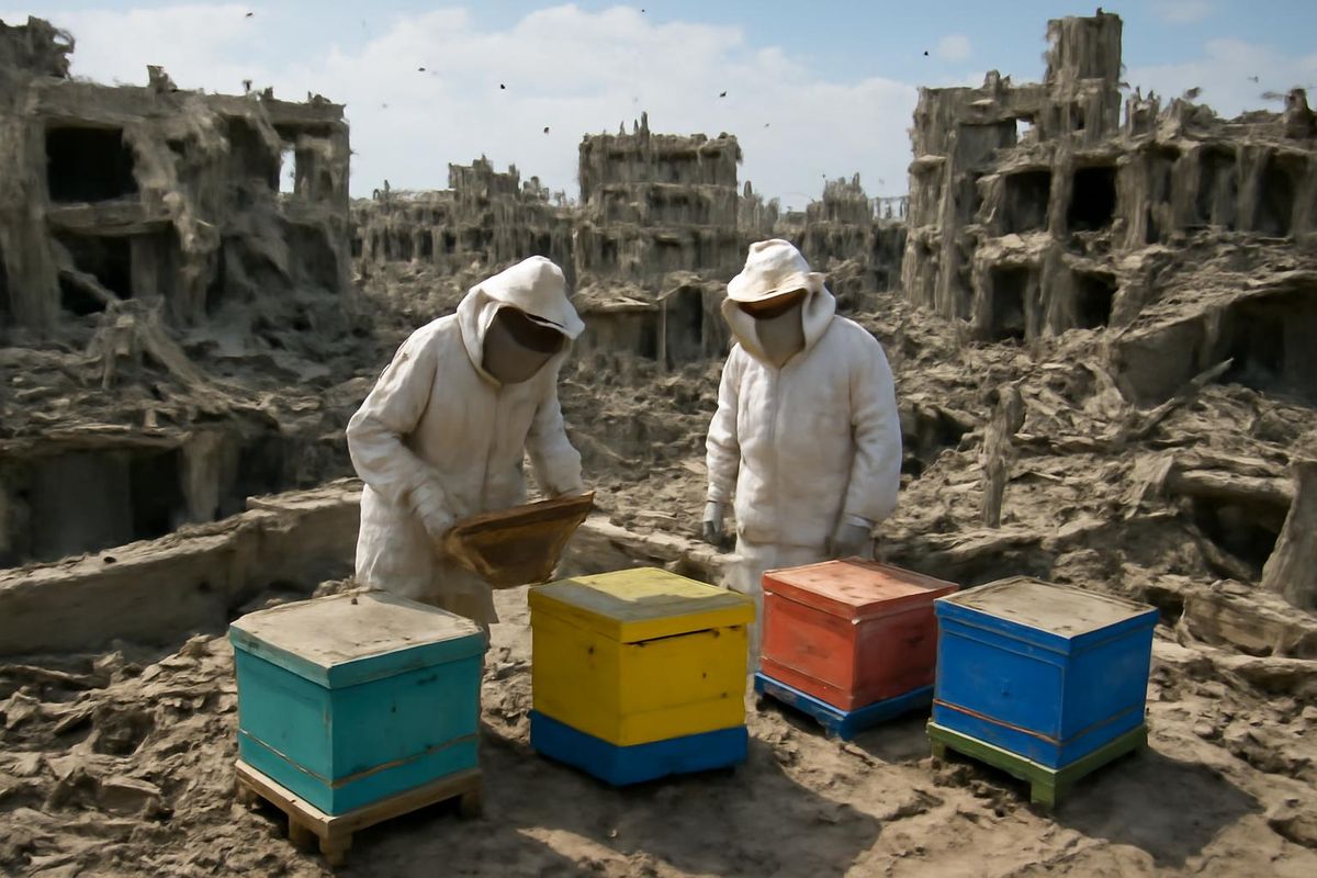 Un apiculteur de Gaza, Ibrahim al-Dabba, et ses fils s'occupent de leurs ruches sur le toit…