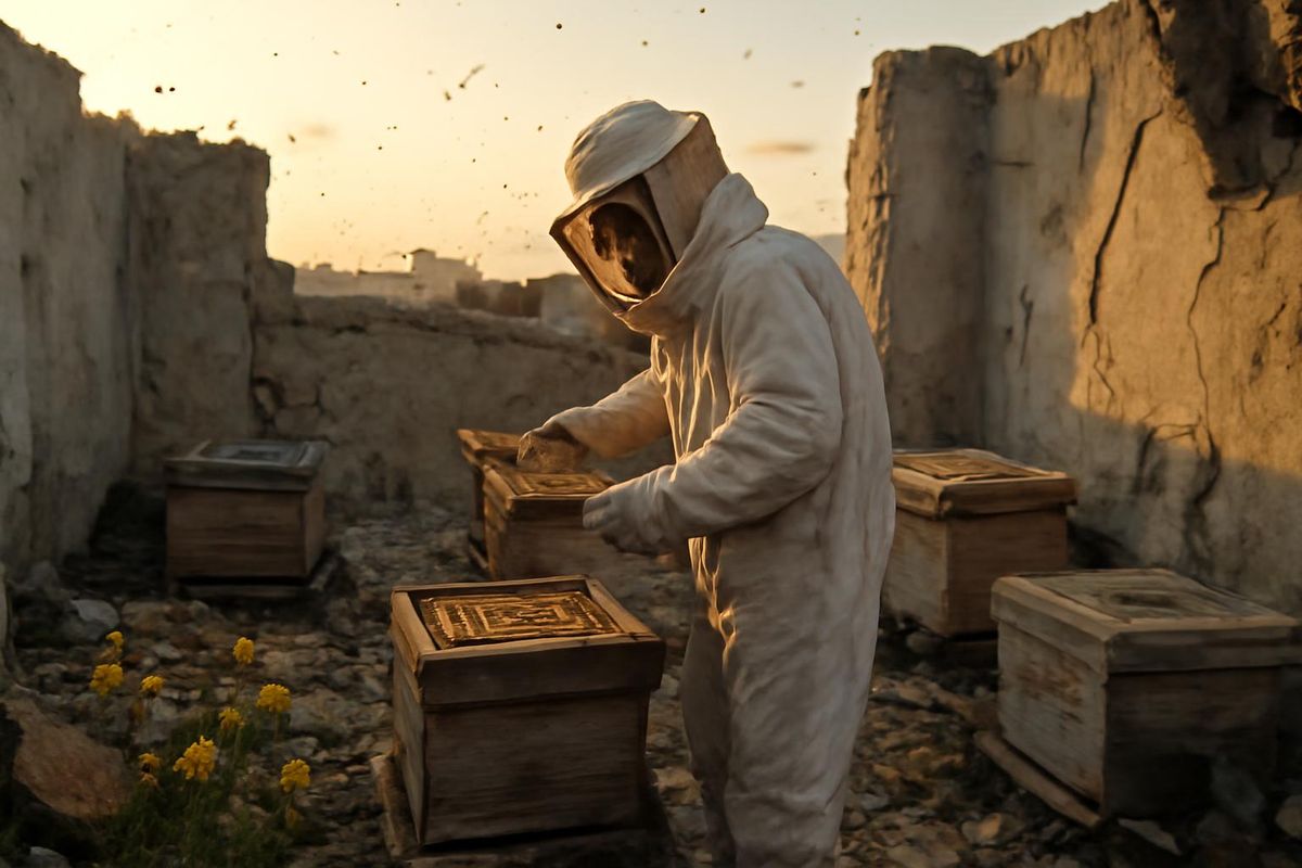 Beekeeper resumes work on rooftop in war-torn Gaza.