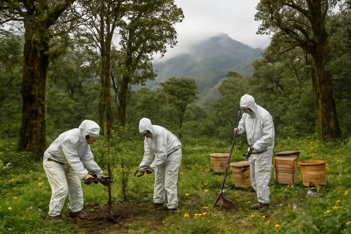 Restauration d'une forêt alto-andine en Colombie avec arbres et ruches.