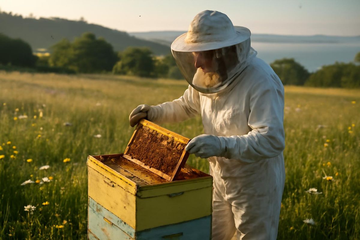 Todd Peterson hält seine Bienen derzeit an der Organic Farm School, wo sie zur Stärkung der…
