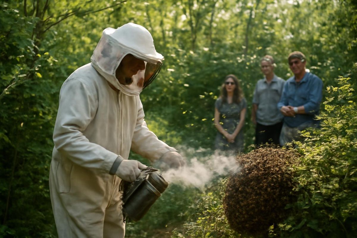 Ein Imker intervenierte, als tausende von schwärmenden Bienen ein Gestrüpp vollständig…