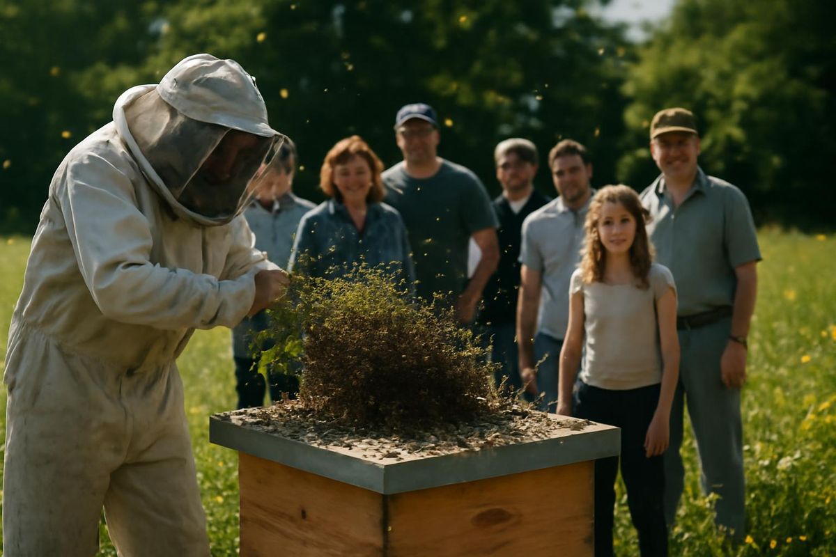 Des milliers d'abeilles se sont regroupées sur le couvercle d'une ruche après que des abeilles ont essaimé dans un buisson. L'apiculteur, avec l'aide des habita
