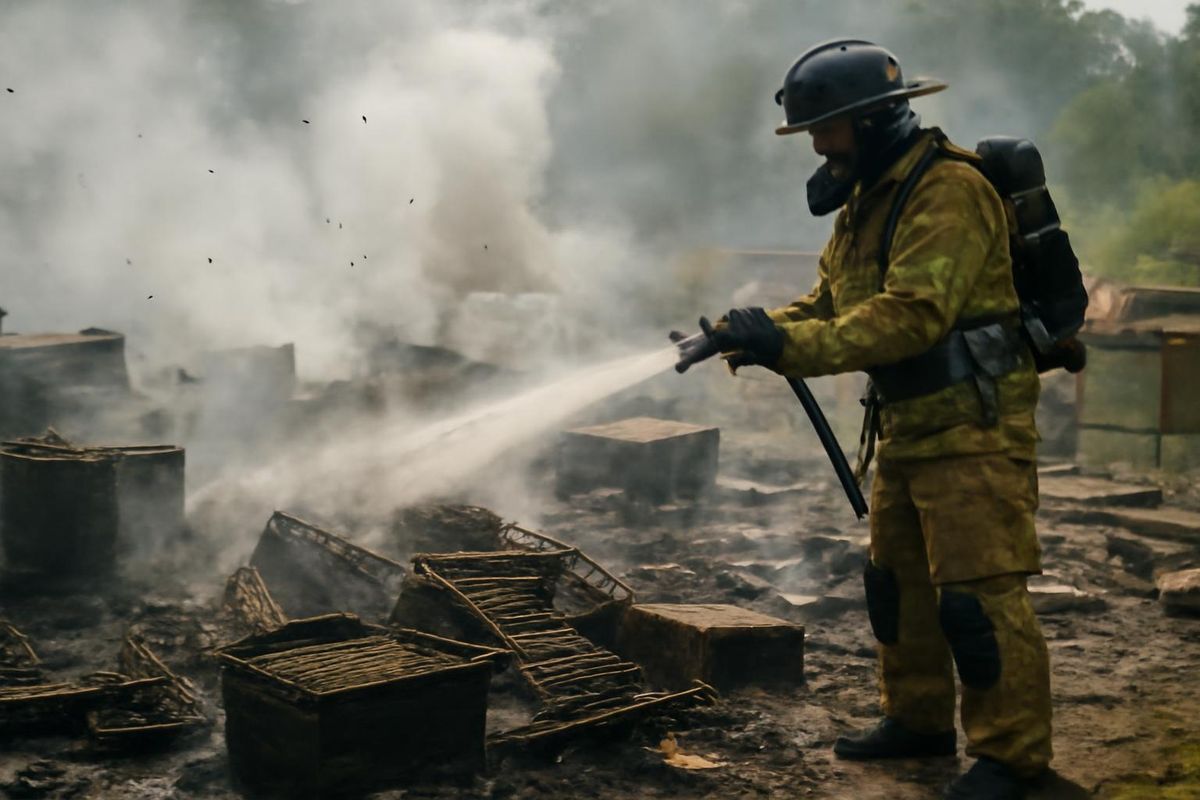 A firefighter directs the water spray at the remnants of the beehive