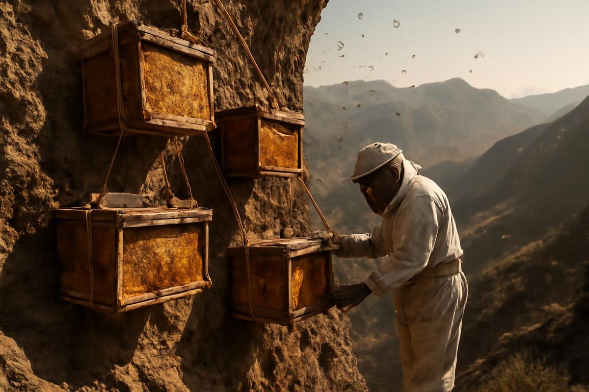 エラズーのパル地区で自然な蜂蜜を生産することを目指す養蜂家たちは、巣箱を捕食動物から守るために急な岩場にロープで固定しました。数ヶ月の待機を経て、厳しい地形で巣箱が丁寧に収穫されました