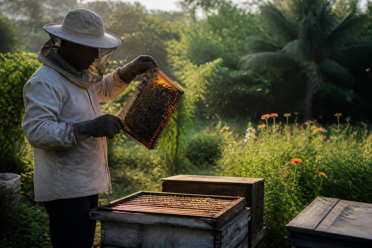 Beekeepers are harvesting honey from Apis mellifera in Pinang Sebatang Barat, Tualang…
