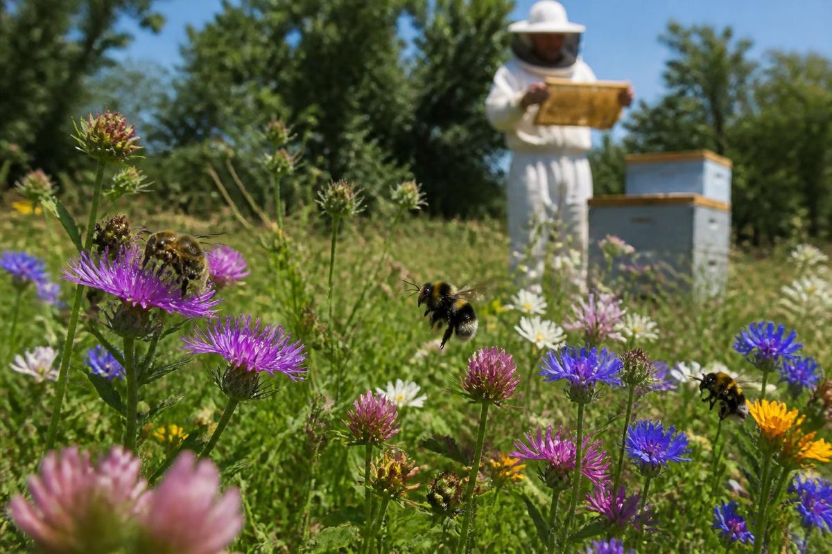 Summer brings sunshine and the gentle hum of bees over a colorful flower meadow. While honeybees busily flit from bloom to bloom, bumblebees move more clumsily 
