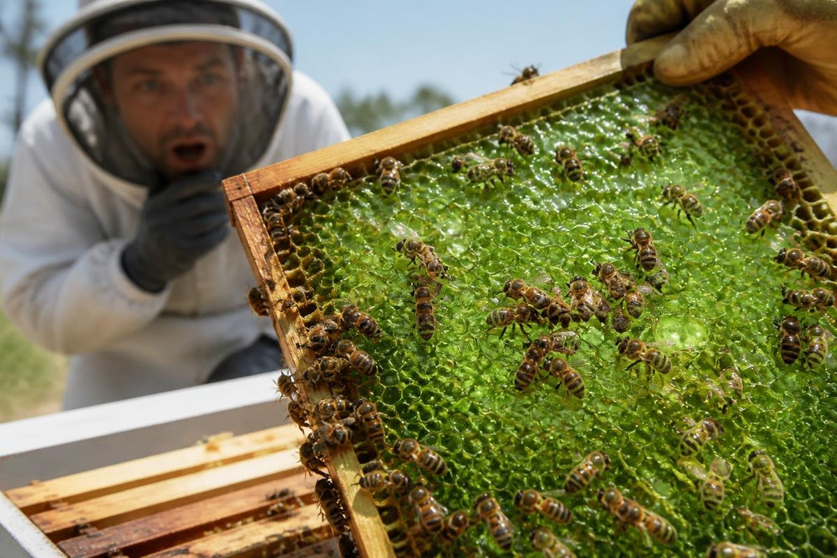Hakkı İşçi, who has been beekeeping in Alpu, Eskişehir for about 11 years, was surprised to find green honey in his hives during a recent inspection. He plans t