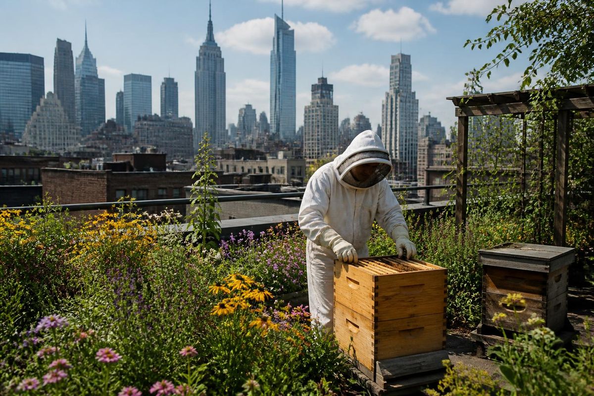 New York City'de arıcı Andrew Cote, Midtown Manhattan'daki çatıların da dahil olduğu beş…