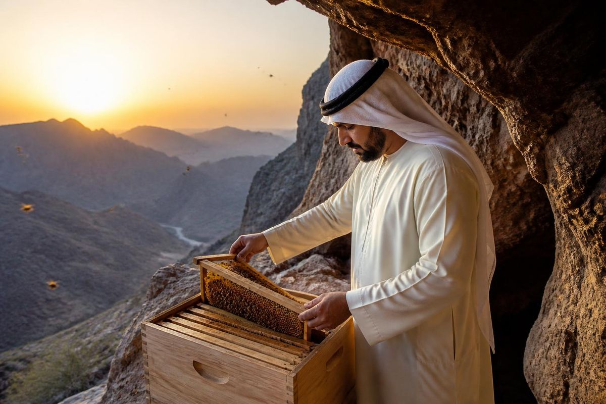 De Emiratische imker Ali Salem Al Dhanhani volgt al meer dan 40 jaar wilde bijen in de bergen…
