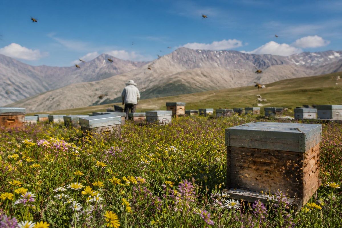 Imker Savaş Anıl verzamelt nectar van bloemen op verschillende hoogtes tijdens een reis van…