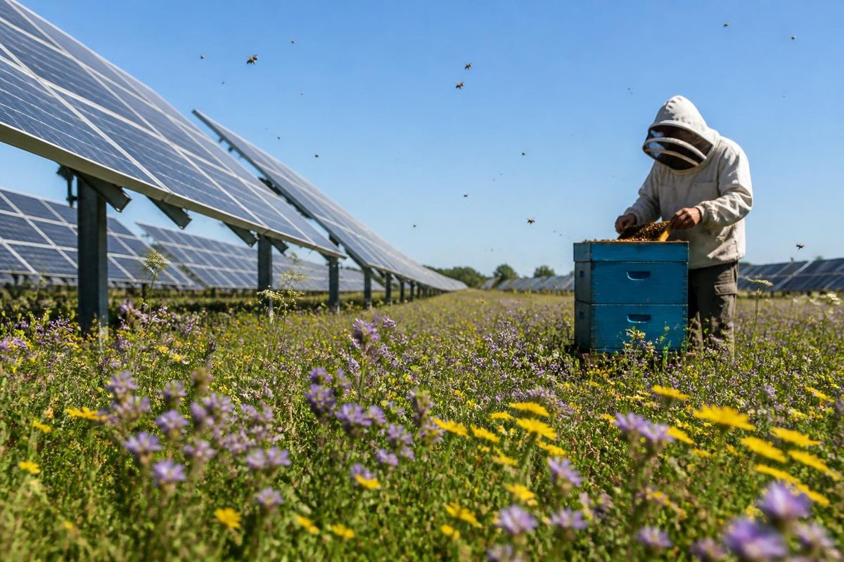 Un terrain de 40 acres à Aurora, Colorado, appelé Kacie Peters Community Solar Garden, produit…