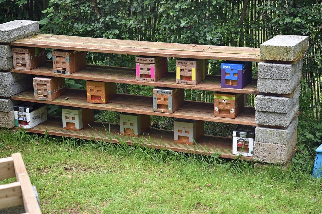 Colourful mini mating boxes lined up on racks