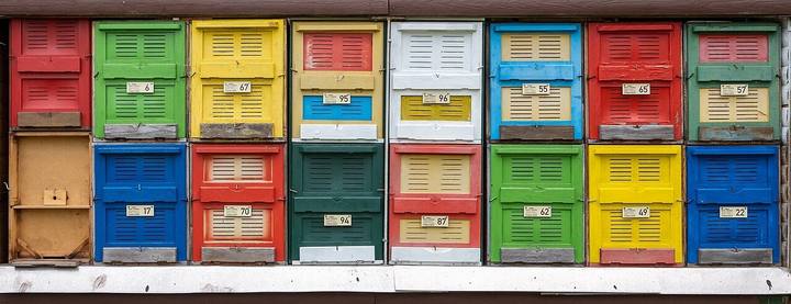 In verschiedenen Farben gestrichene Beutenfronten