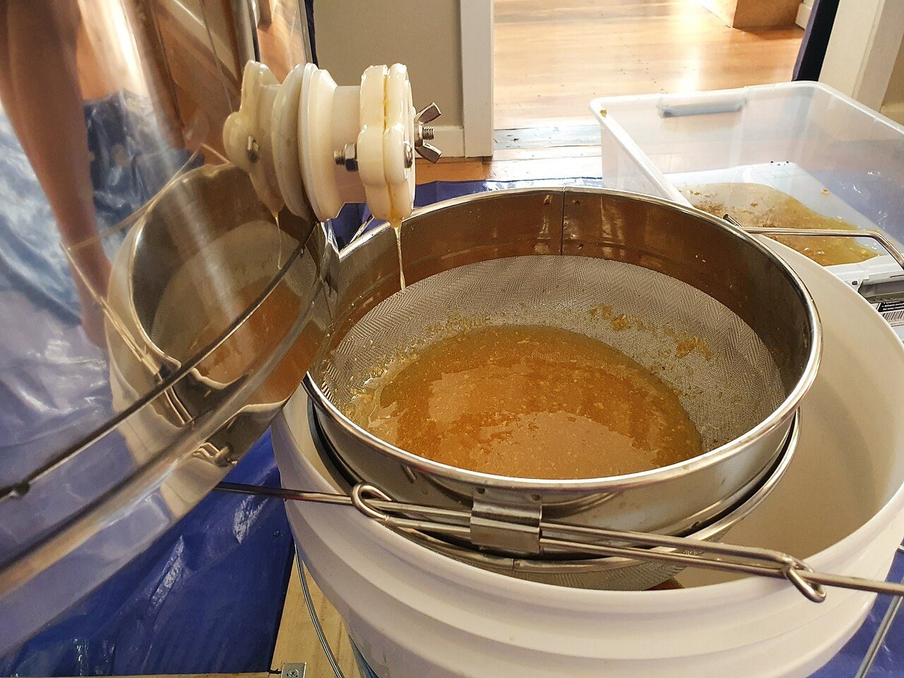 Double stainless steel strainer below the honey gate of an extractor