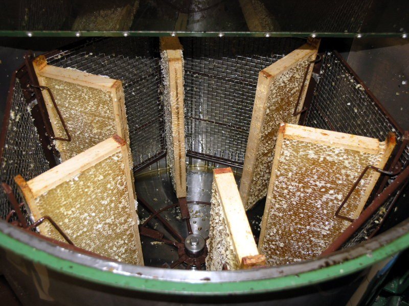 Inside of a honey extractor with reversible wire baskets