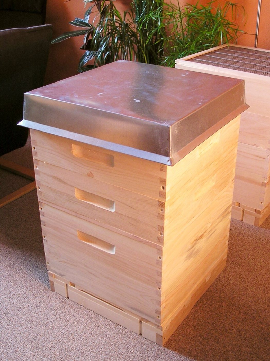 New wooden hive with a metal-clad telescoping roof
